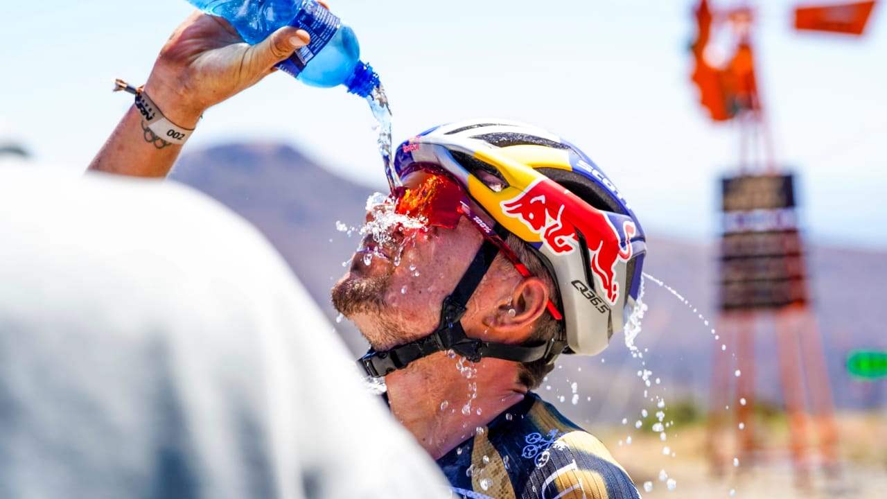 Tom Pidcock tries his best to cool down after his epic late push for victory at the Gravel Burn on day five.