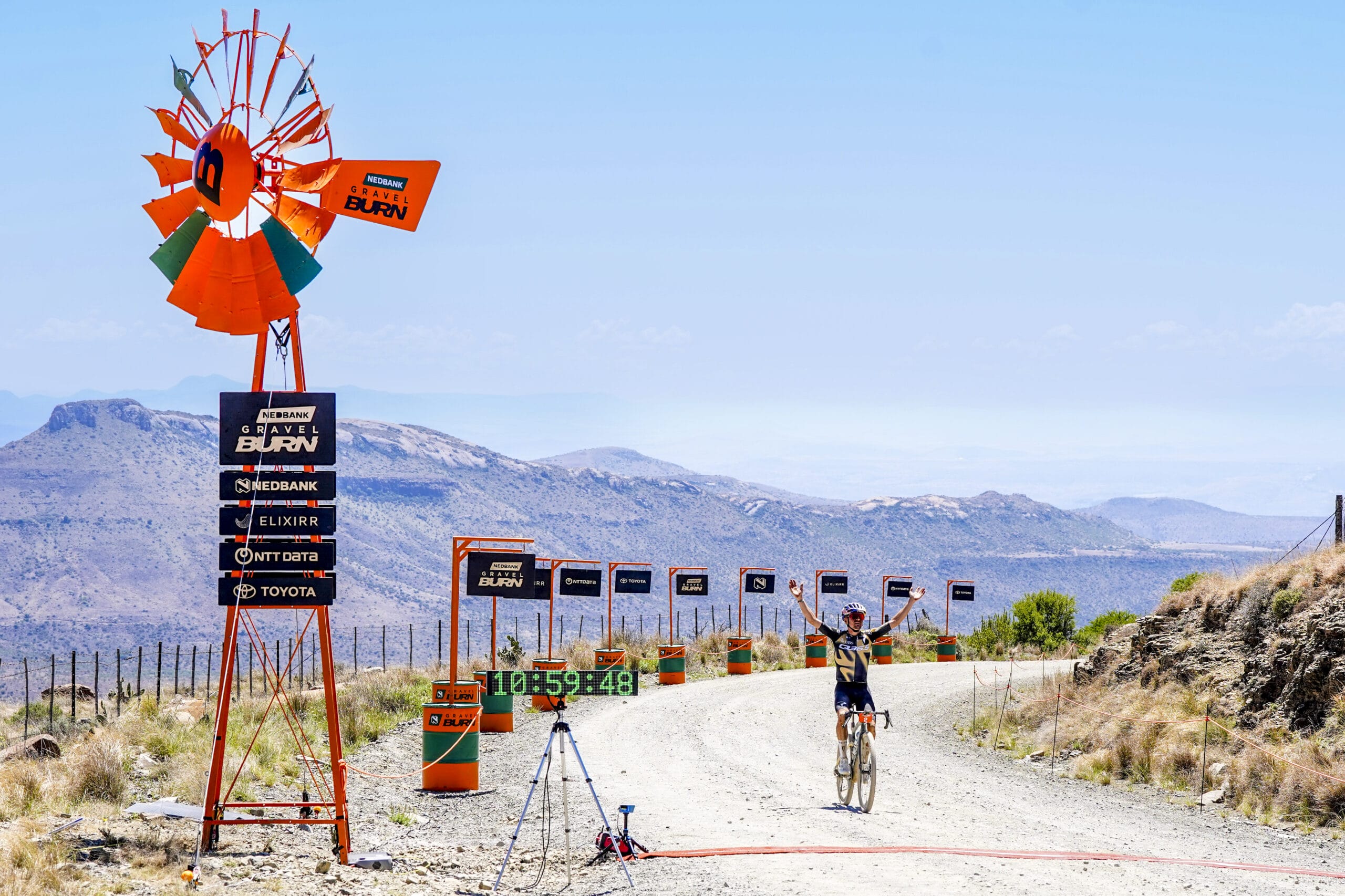 British rider Tom Pidcock crosses the line for his first stage win of the Nedbank Gravel Burn event in South Africa.