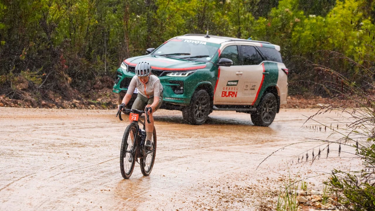The weather conditions were not always kind for the riders at the inaugural Nedbank Gravel Burn event in South Africa.