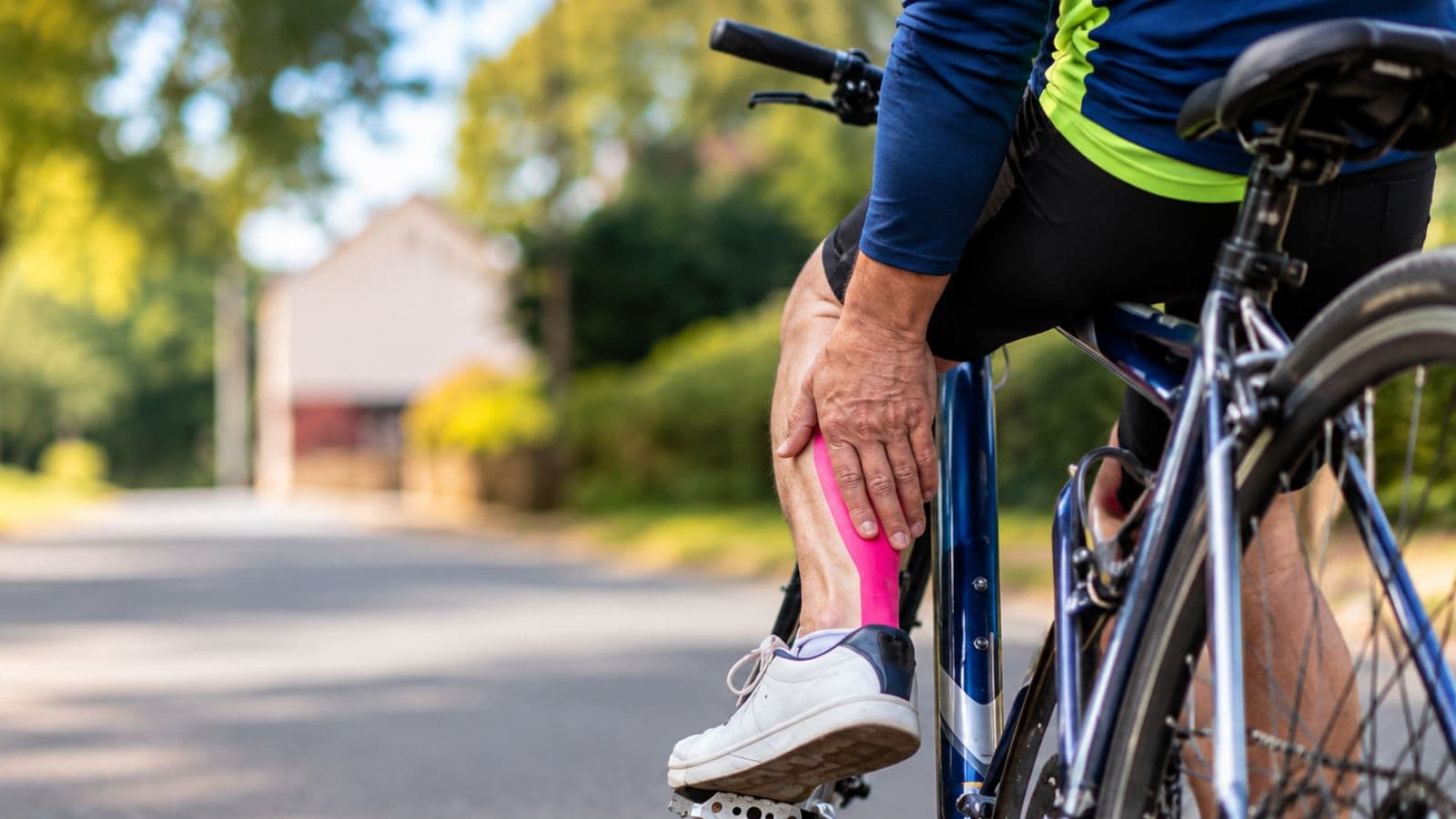 Road cyclist sitting beside a bicycle and gently holding the knee after experiencing mild tendon discomfort during a training ride.
