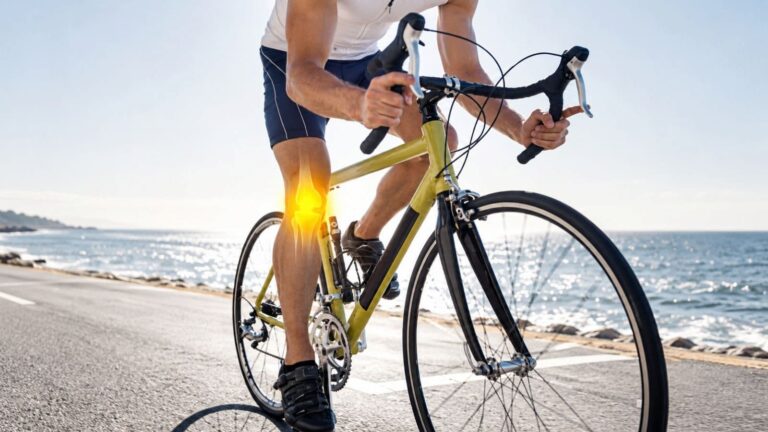 Cyclist receiving a professional bike fit assessment to review saddle height, pedaling position, and lower-limb alignment.